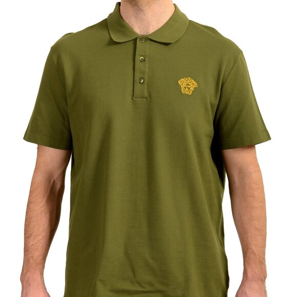 Versace Men's Olive Green Short Sleeve Logo Embroidery Polo